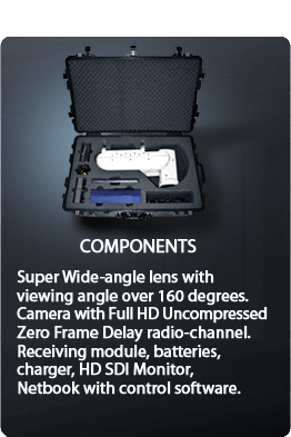 Super wide-angle lens with viewing angle over 160 degrees. Zero Time Delay. Uncompressed Full HD radio channel. Camera, receiving module, batteries, charger, HD SDI Monitor and Netbook with software.