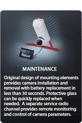 Original design of mounting elements provides camera installation and removal with battery replacement in less than 30 seconds. Protective glass can be quickly replaced when needed. A separate service radio channel provides remote monitoring and control of camera parameters.